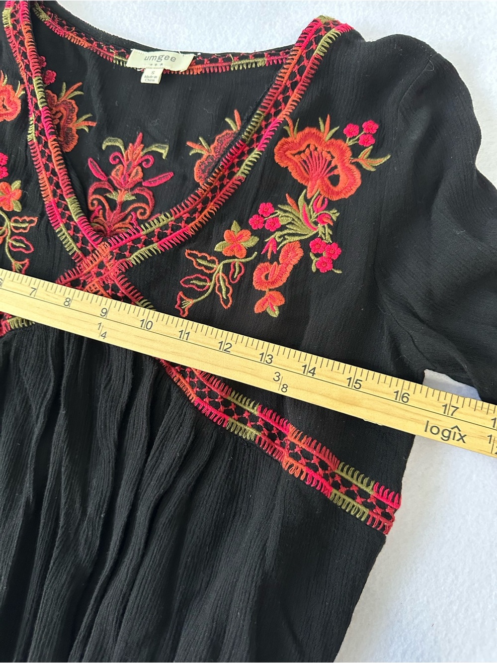 Umgee Black Embroidered Dress Sz S V Neck Bell Sleeve Gauze Boho Peasant Cottage - Picture 9 of 12